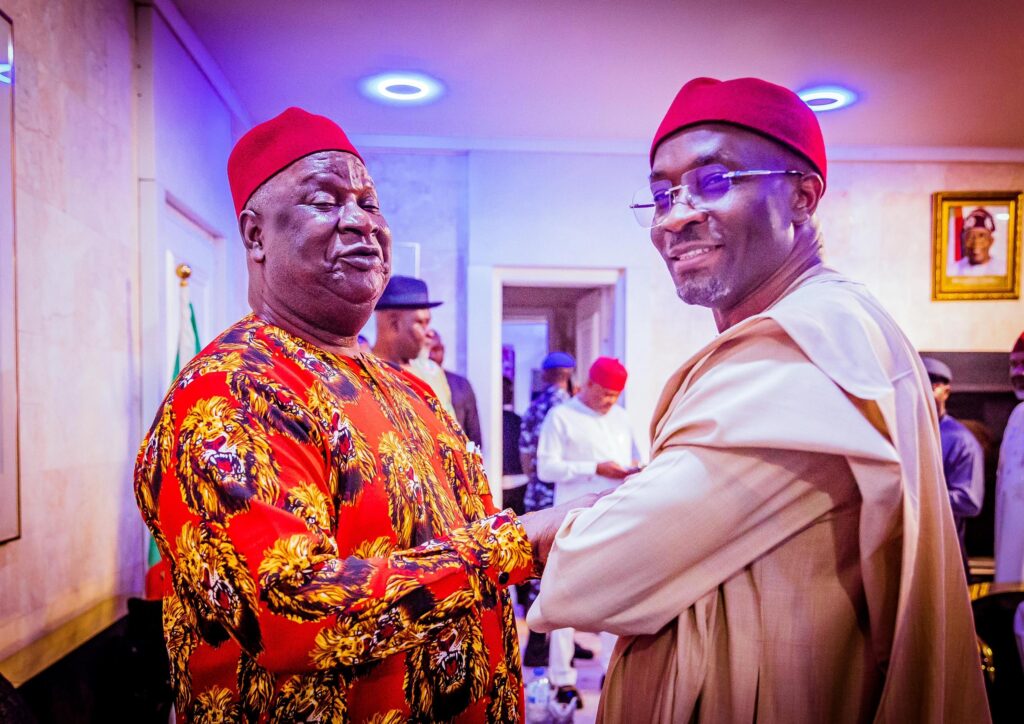 Deputy Speaker, Rt. Hon. Benjamin Okezie Kalu in a celebratory mood with former Senate President, Chief Anyim Pius Anyim at the event on Saturday in Ebonyi StatePhoto Credit: Deputy Speaker's Media Unit